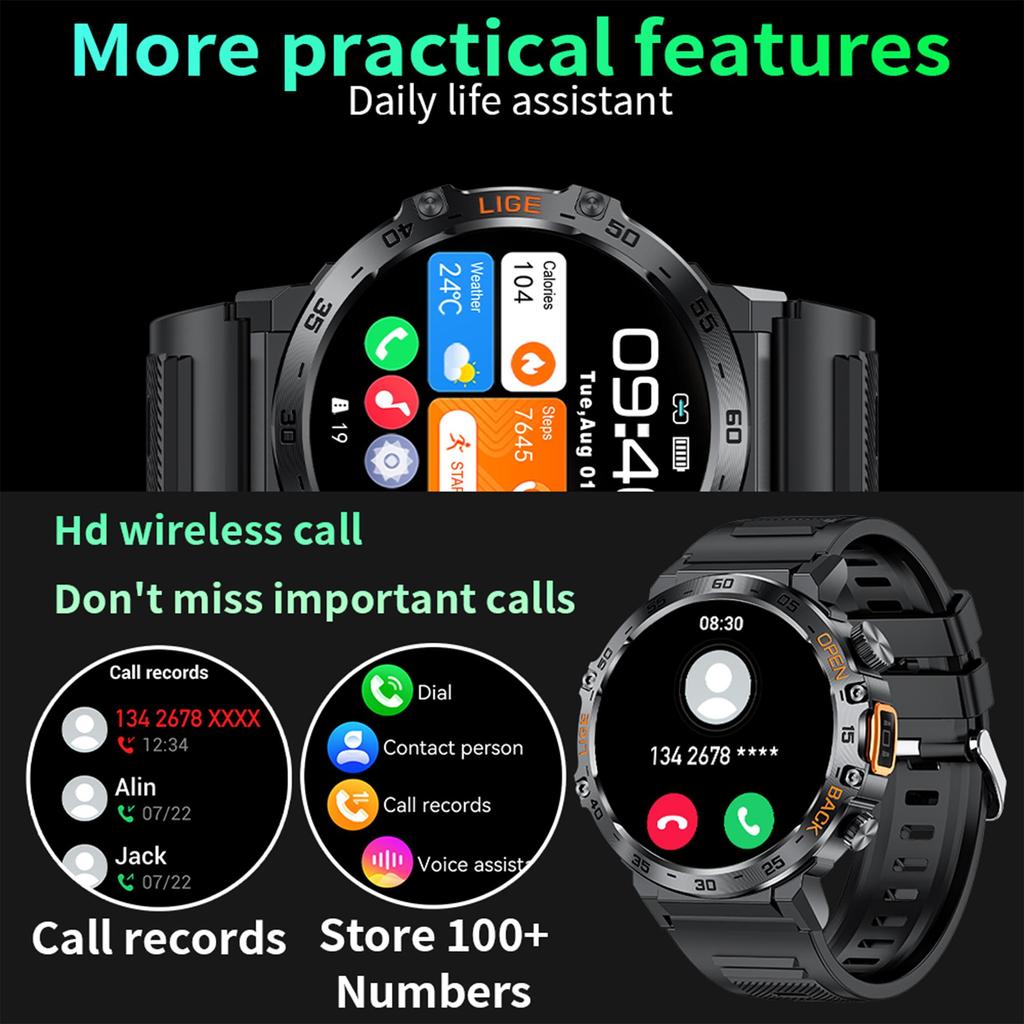 LIGE New LED Lighting Smart Watch 1.53inch HD Round Screen Bluetooth Call Men Smartwatches