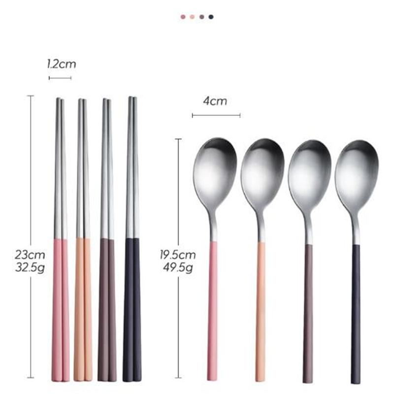 Korean Style Stainless Steel Long Handle Spoon And Chopsticks Set Solid Color Tableware Cutlery for Rice Food Soup Noodles