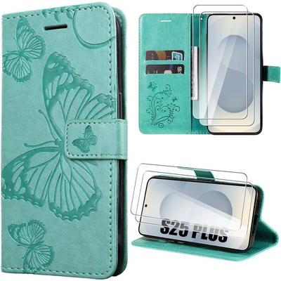 Protective Case - BOOLING - for Samsung Galaxy S25 Plus - Butterfly Pattern - Synthetic Leather - 2 Tempered Glass
