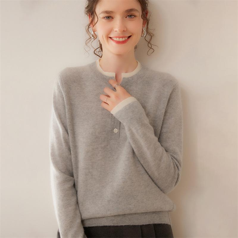 Lekasha Women's Cashmere Color Block Two-in-One Round Neck Long Sleeve Sweater