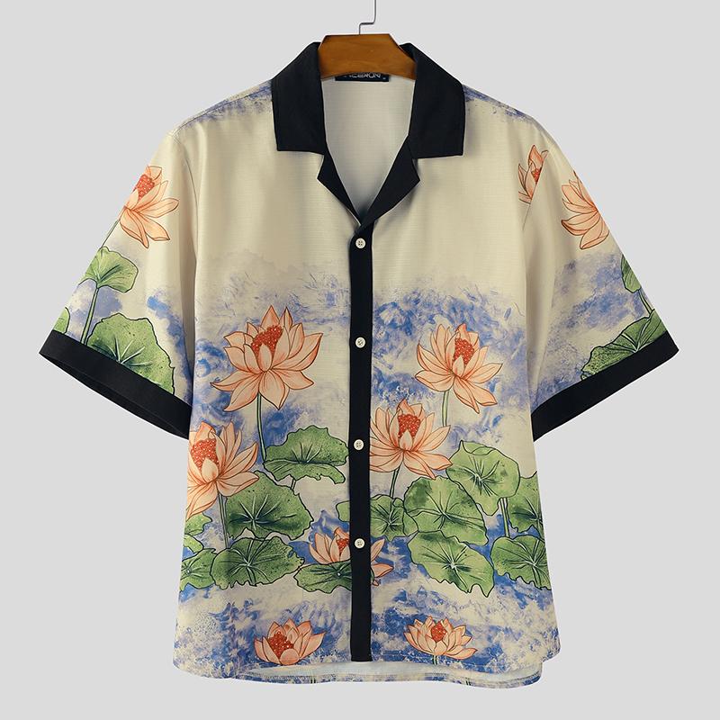 

INCERUN Men Lapel Neck Stitching Short Sleeve Floral Print Casual Shirts 4XL