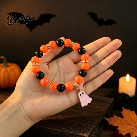 Handmade Beaded Elastic Wristbands Halloween Bracelet for Women, Orange Black Beads Stretch Stylish Holiday Accessory Girls with Ghost Charm,
