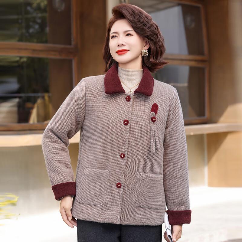 Middle-Aged Women's Winter Plush Lined Wool Blend Coat