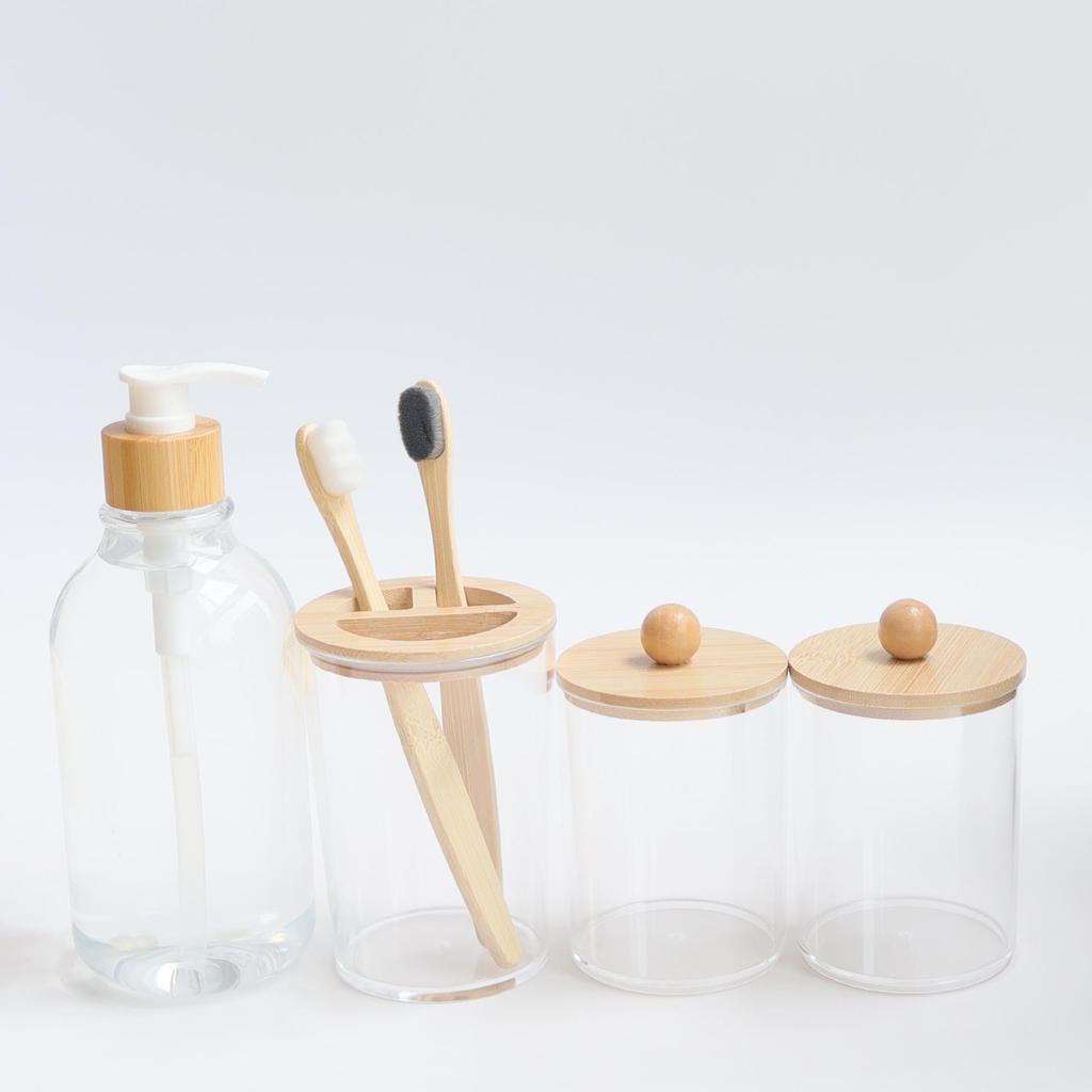 4-Piece Bathroom Set: Transparent Press-Down Soap Bottle, Toothbrush Holder, Bamboo Lid Cotton Swab Box, and Acrylic Cotton Ball Jar