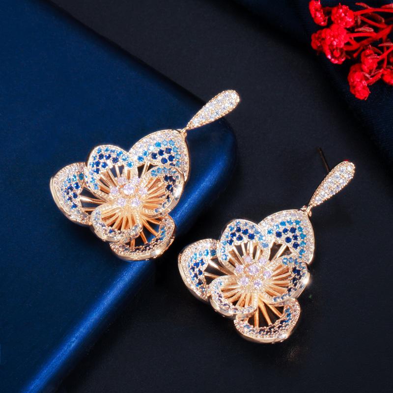 CMM Gorgeous Gold Color Zirconia Flower Hollow Carved Drop Earrings