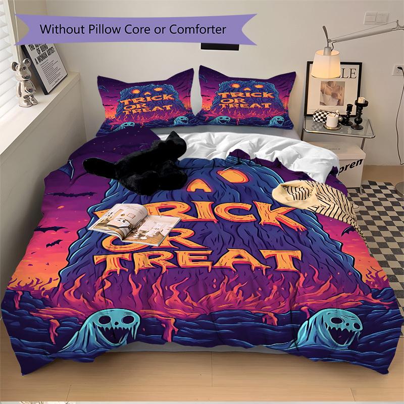 3PCs Trick-or-treat, Halloween Design Cover Set, Breathable Fabric, Machine Washable (1 Duvet Cover + 2 Pillowcases) (Without Quilt) Yy250911128