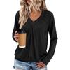 Women's V-neck Pleated Solid Color Casual Long-sleeved Loose T-shirt Top