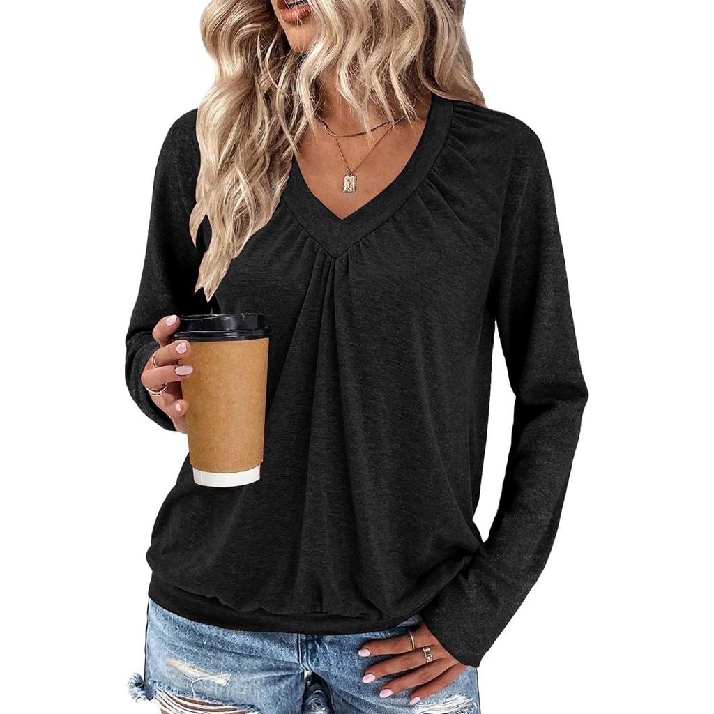 Women's V-neck Pleated Solid Color Casual Long-sleeved Loose T-shirt Top