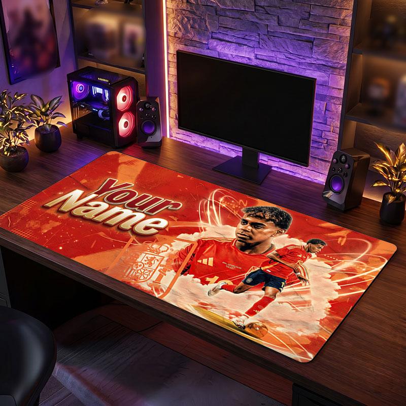 Tappetino per Mouse Grande Personalizzato Lamine Yamal, Stampa Testo Nome Personalizzato, Tappetino da Scrivania Antiscivolo con Logo Calcio, Regalo per Gamer