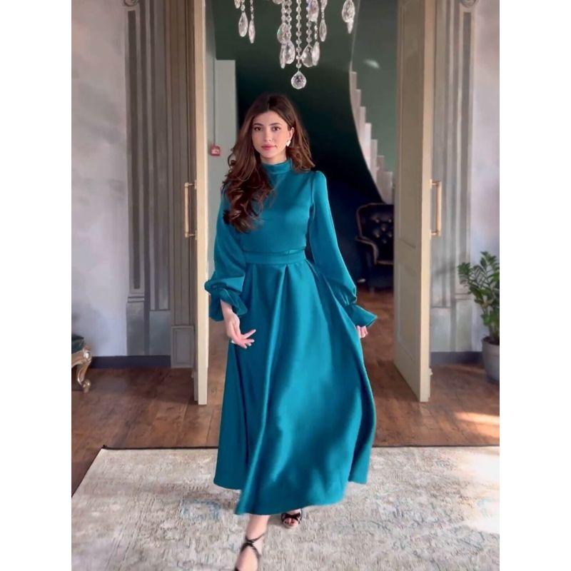 Elegant Ruffle Party Dress French Style Elegance Ruffles Long Sleeves Stand Collar High Waist Dress