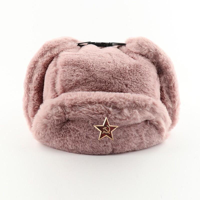 Warm Winter Military Style Earflap Hat Men Women With Embroidered Soviet Emblem Faux Fur Lined Outdoor Cap