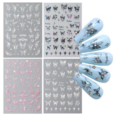 S.A.V.I 4 Pcs Holographic Butterfly Nail Art Stickers, Self-Adhesive Multicolor Decals for DIY Manicure, Easy Decoration (Silver, Pink, Black) - Lo