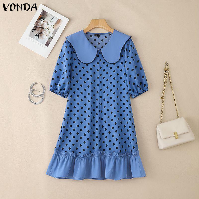

VONDA Summer Women Doll Collar Puff Half Sleeve Polka Dots Casual Ruffled Dress 4XL синій