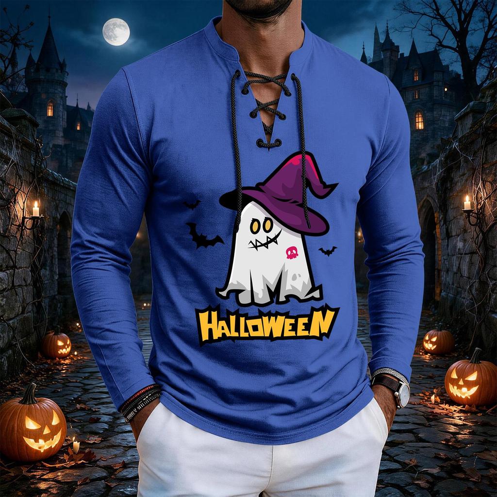 Men's Vintage Halloween Print Lace-Up Long Sleeve T-Shirt