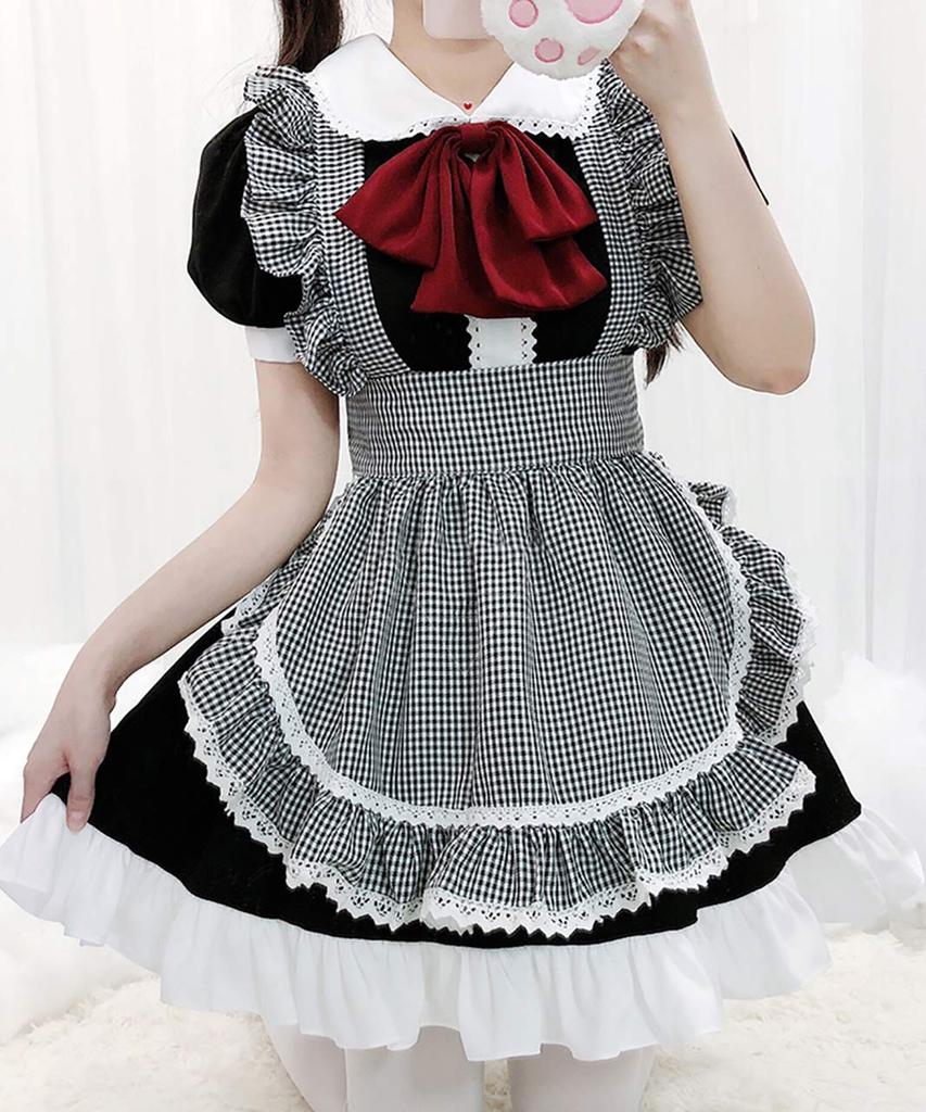 Milky Time Dámske Lolita Služobné Šaty s Mašľou, Volánmi, Zástrou a Kockovaným Vzorom, Cosplay Kostým (Veľkosť L)