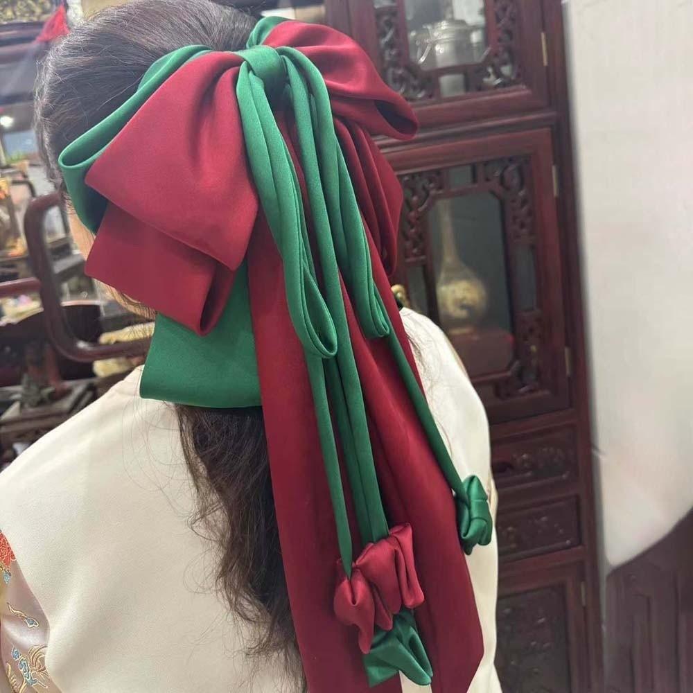 Contrast Color Oversized Bow Hair Clip Zinc Zinc Alloy Christmas Hair Accessory Satin Ribbon Headdress  Gifts