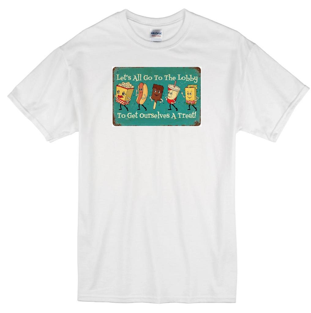 LET'S ALL GO TO THE LOBBY DRIVE IN MOVIE THEATRE REFRESHMENT STAND WHITE T-shirt