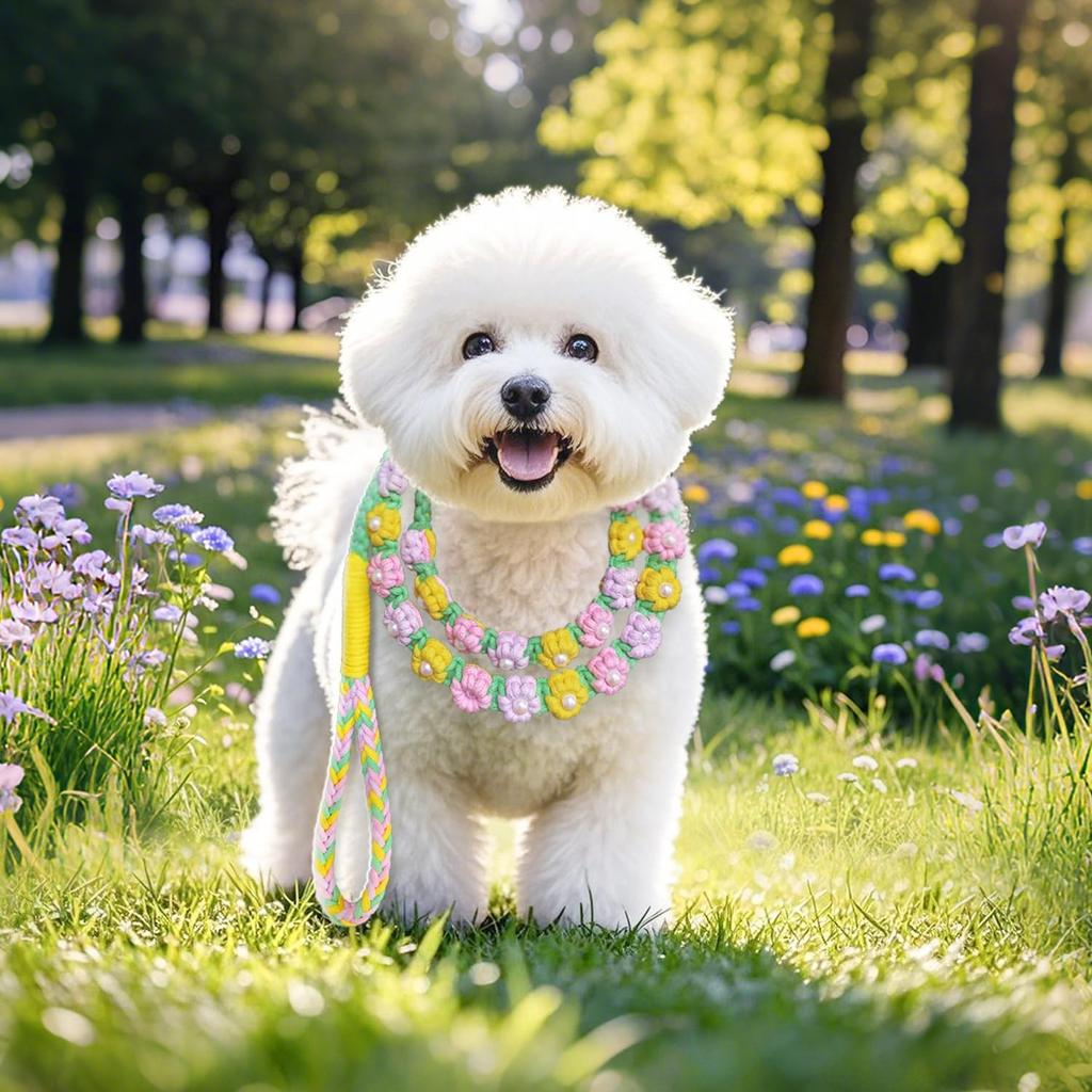 59 Inch Soft Cotton Rope Lead,Handmade Braided Dog Leash with Flowers for Small & Medium Dogs, All-Season for Walking, Training, Pet Accessories