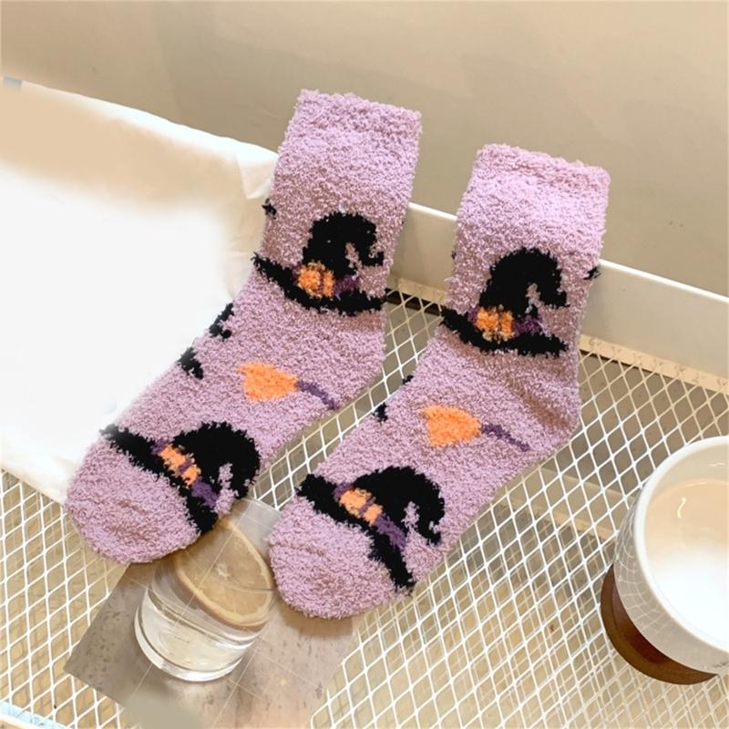 Women's Coral Fleece Socks for Halloween Festivities Cute Pumpkin Ghostly Witch Hat Print Cozy Fuzzy Slipper Ankle Socks