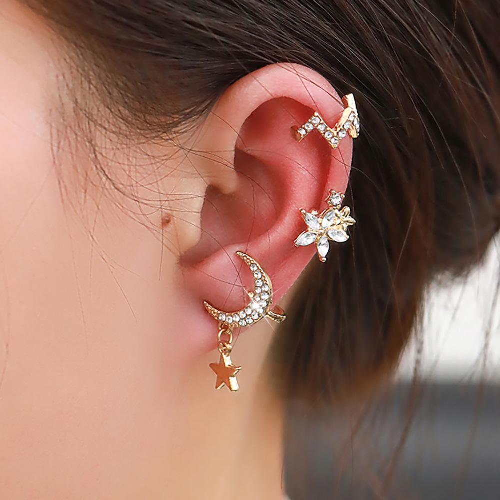New Fashion Butterfly Star Moon Diamond U-Shaped Camellia Stud Earrings Hole-Free Ear Clips 8-Piece Set