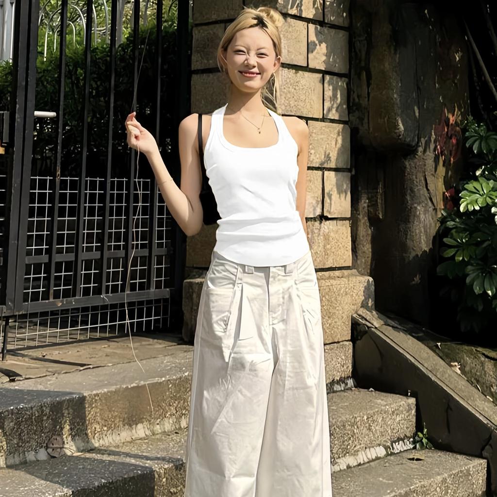American Spice Girls Slim White and Skinny I-shaped Neck Vest Women's Summer Niche Inner and Outer Wear Short Suspender