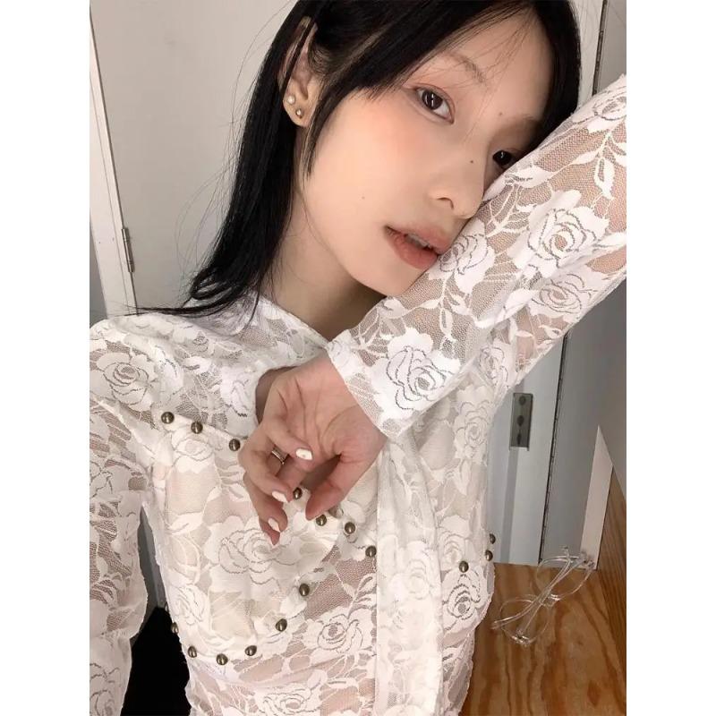 Vintage T Shirt Women Lace Lcae Up Shirt Hollow Out Y2k Tee Tops Fairycore 2000s Korean Style Tshirts Autumn Winter