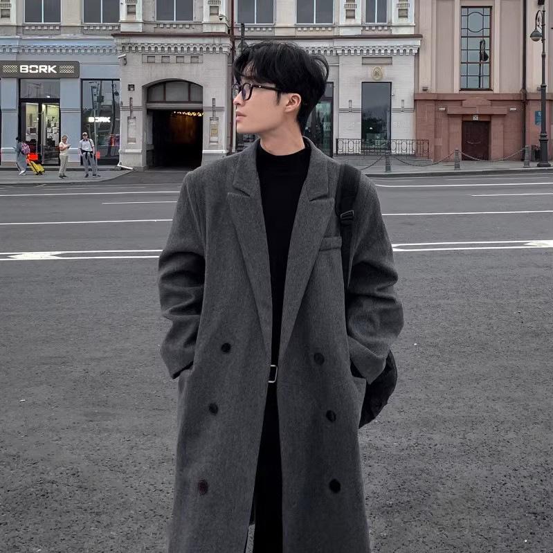 Men's Mid-Length Korean Style Wool Trench Coat - Autumn/Winter, Thickened, Over-the-Knee, Loose Fit