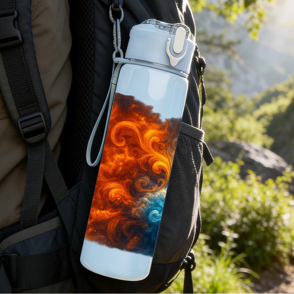 1PC Orange Blue Fire Swirl Texture Print 750ml Color Plastic Sports Water Bottle Leakproof Flip Straw Lid Suitable for Sports Office Home Use