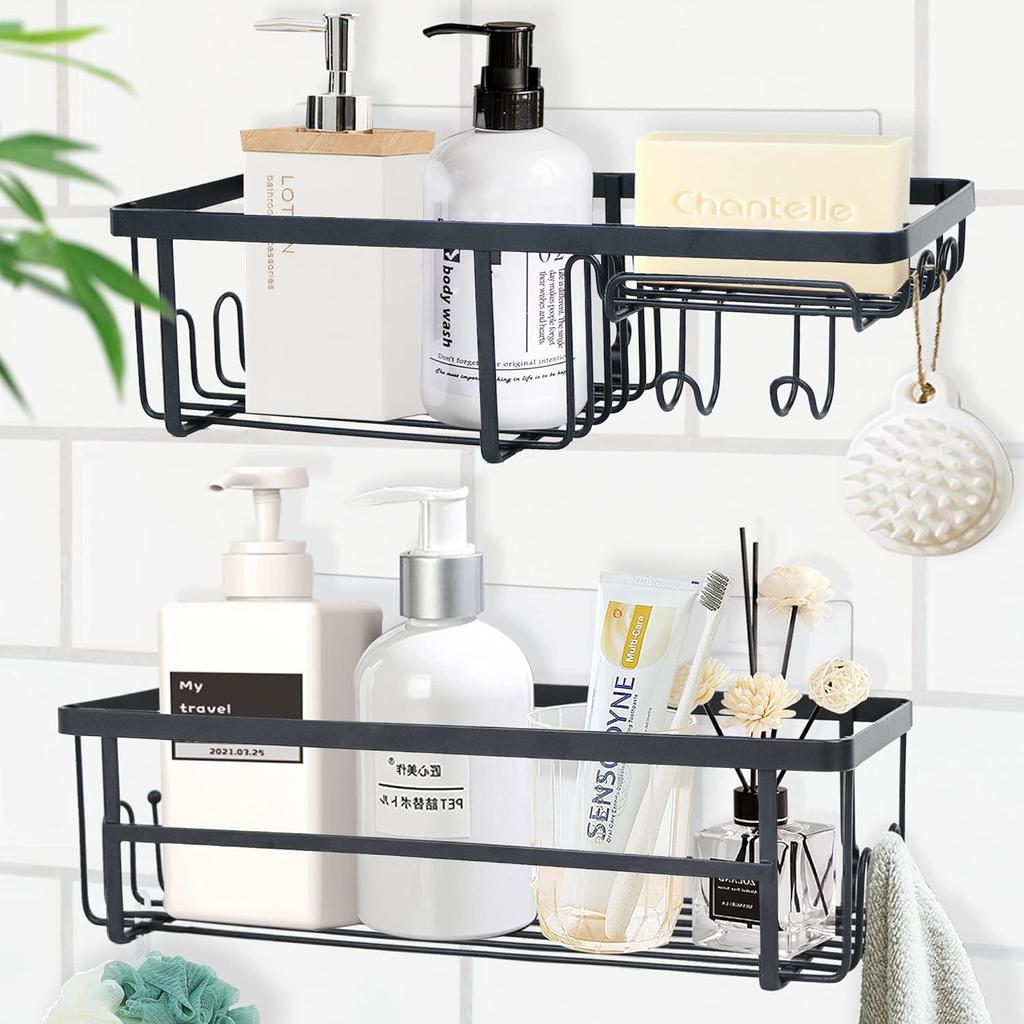 2 Pack Adhesive Shower Caddy Shelf with 14 Hooks, Stainless Steel Shower Organizer with Soap Holder,No Drilling Shower Rack Shower