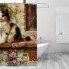 Cute Calico Cat Shower Curtain - White & Black Fur, Floral & Brick Design, 71x71 Inch Polyester, Hand Wash, Summer Home Decor