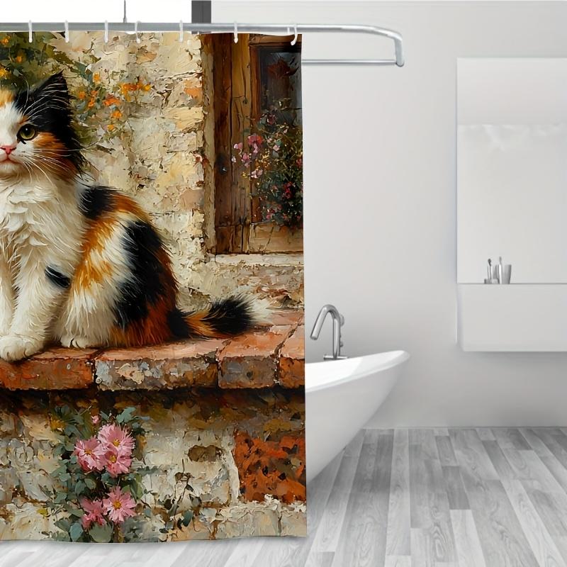 Niedlicher Calico-Katzen-Duschvorhang - Weißes & Schwarzes Fell, Blumen- & Ziegeldesign, 71x71 Zoll Polyester, Handwäsche, Sommer-Heimdeko