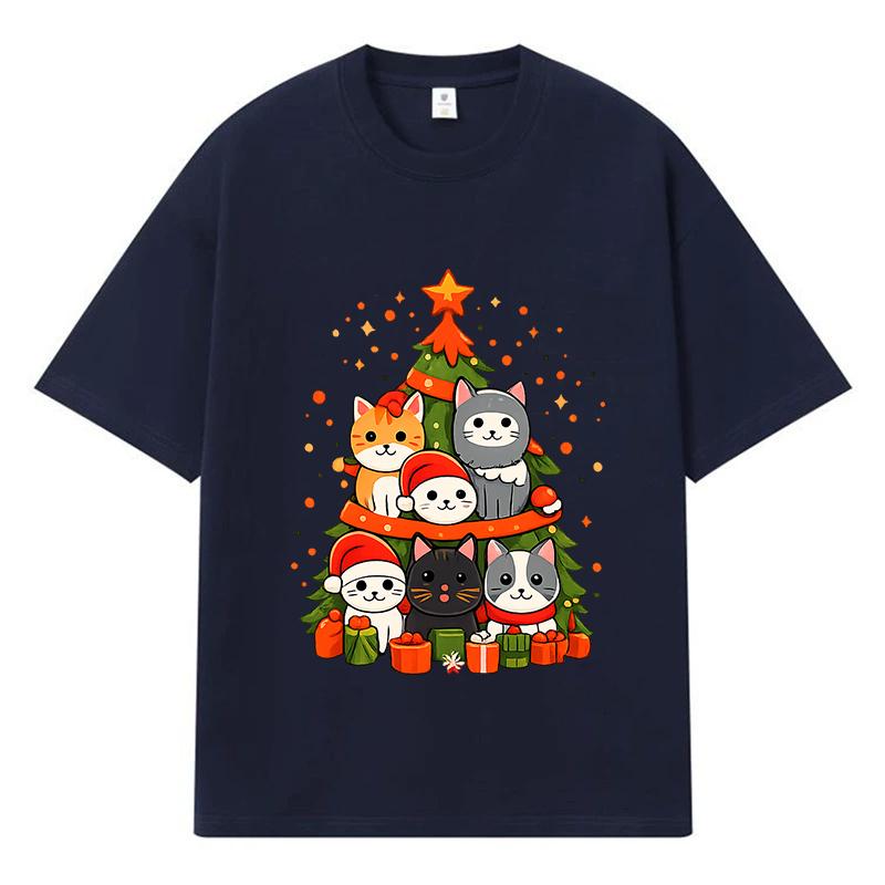 2026 Christmas Tree with Cats Printed Graphic Y2k Harajuku Streetwear 100% Cotton T Shirt Casual Oversized Summer Men T-shirt