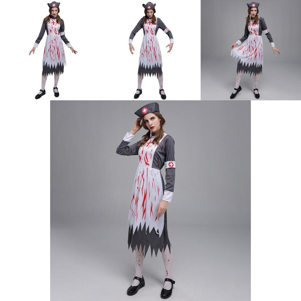 Spooky Adult Zombie Nurse Outfit With Gorgeous Dress And Hat For Halloween Parties