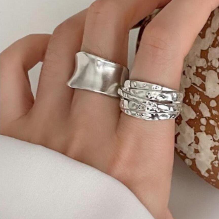 European & American Metal Texture Ring Set: Smooth, Exaggerated Geometric Open Rings for Women