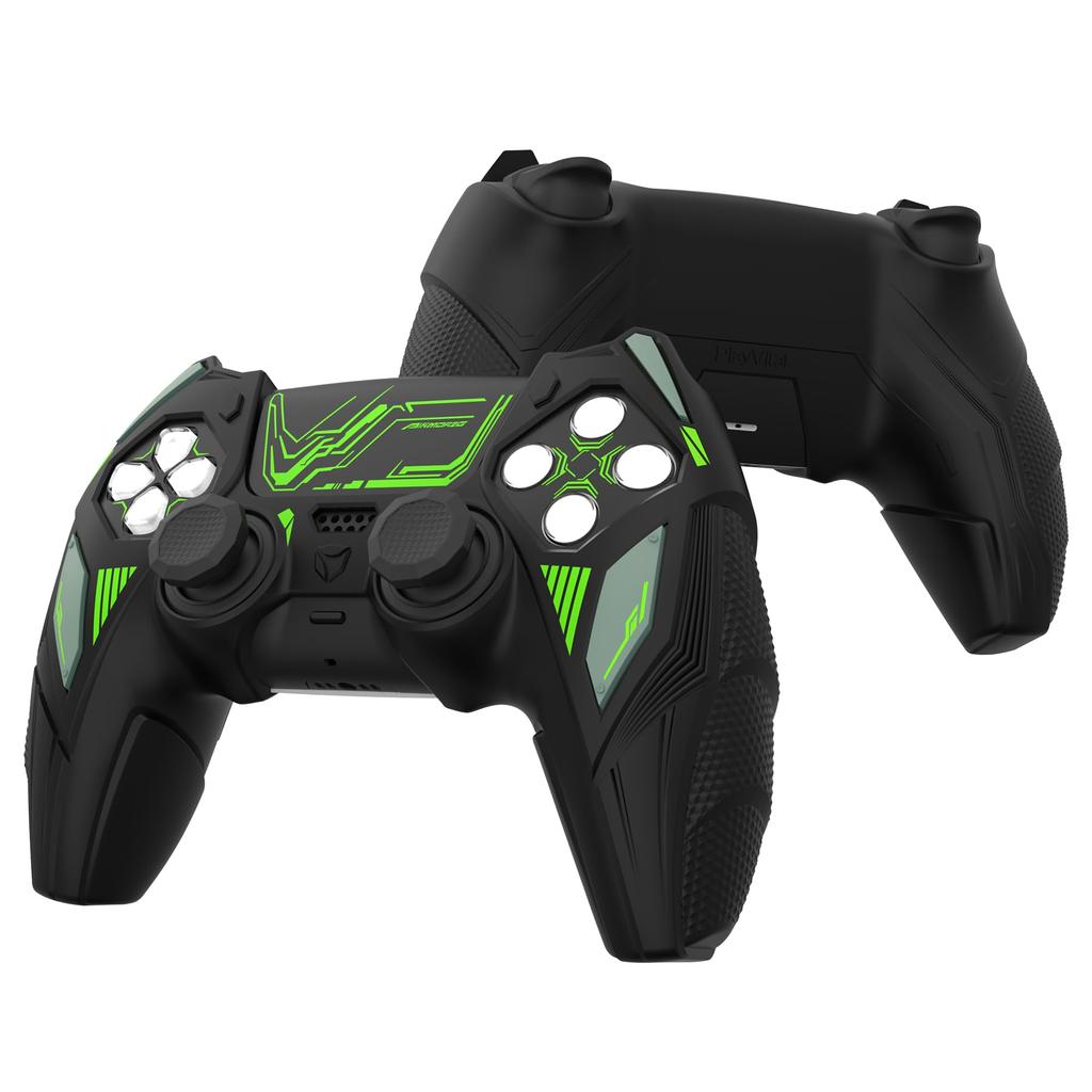 PlayVital PS5 Controller Silicone Mecha Rhino Shockproof Protective Easy Includes Thumb Grips and Compatible with Charging Black and Green Cover,