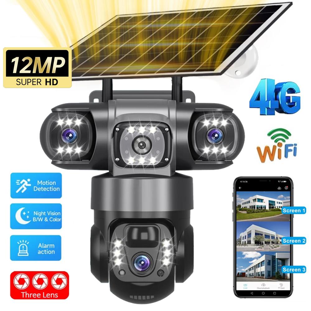 Triple-Lens Triple-Screen Solar HD Security Camera, 10x Zoom with PIR Human Detection Night Vision Recorder