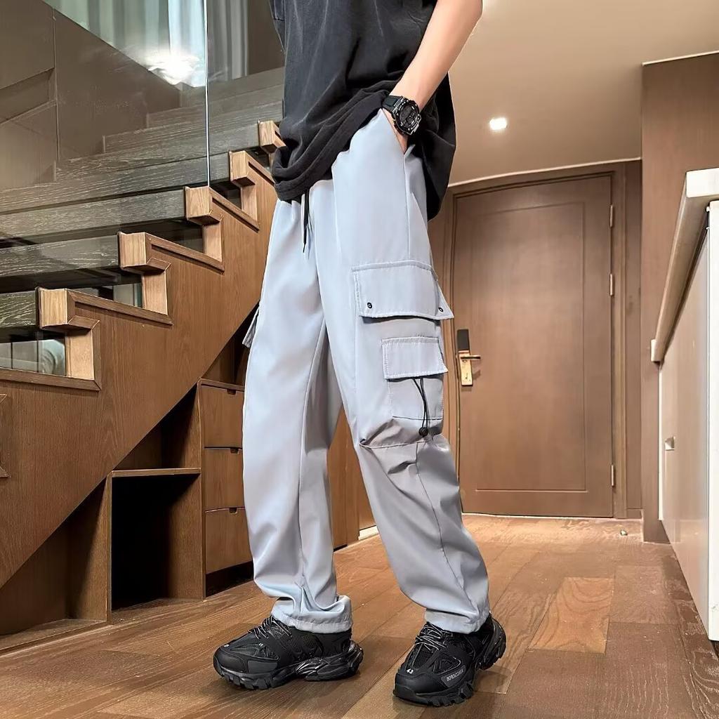 Large Size Overalls Men's Summer New Drawstring Design Straight Pants Hong Kong Style Loose Big Pocket Casual Pants