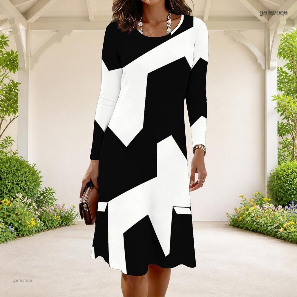 Women Plus Size Round Neck Long Sleeve White Floral Printed A Line Dress