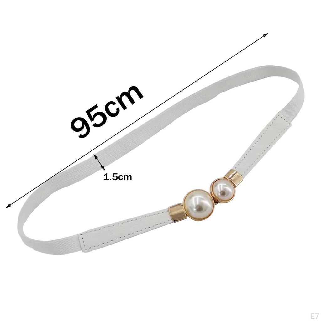 Double Pearls Buckle Waist Belt, Women Retro Elastic Skinny Belt for Dress