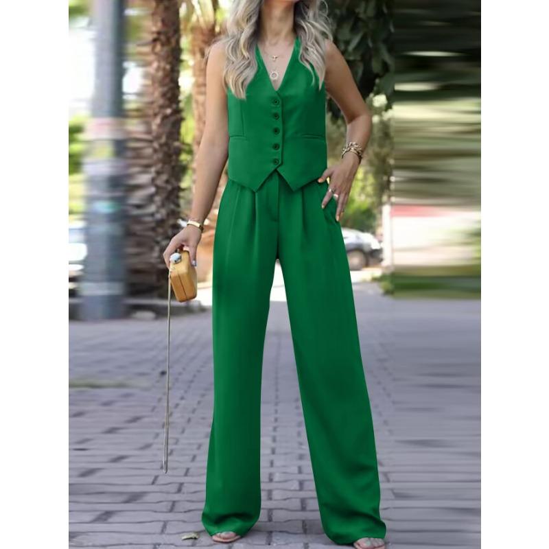 GMXIA Pantalones de verano y primavera para mujer, con estampado de colores sólidos, sin mangas y cuello en V