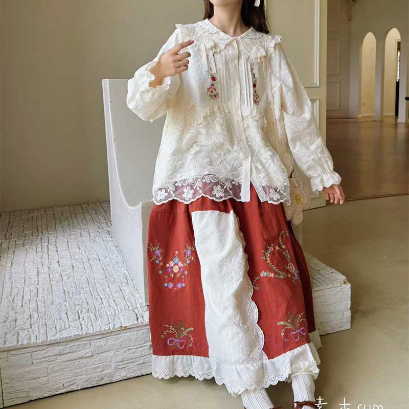 Japanischer Niedlicher Waldstil Spitze Puppenkragen Stickerei Strickjacke Hemd