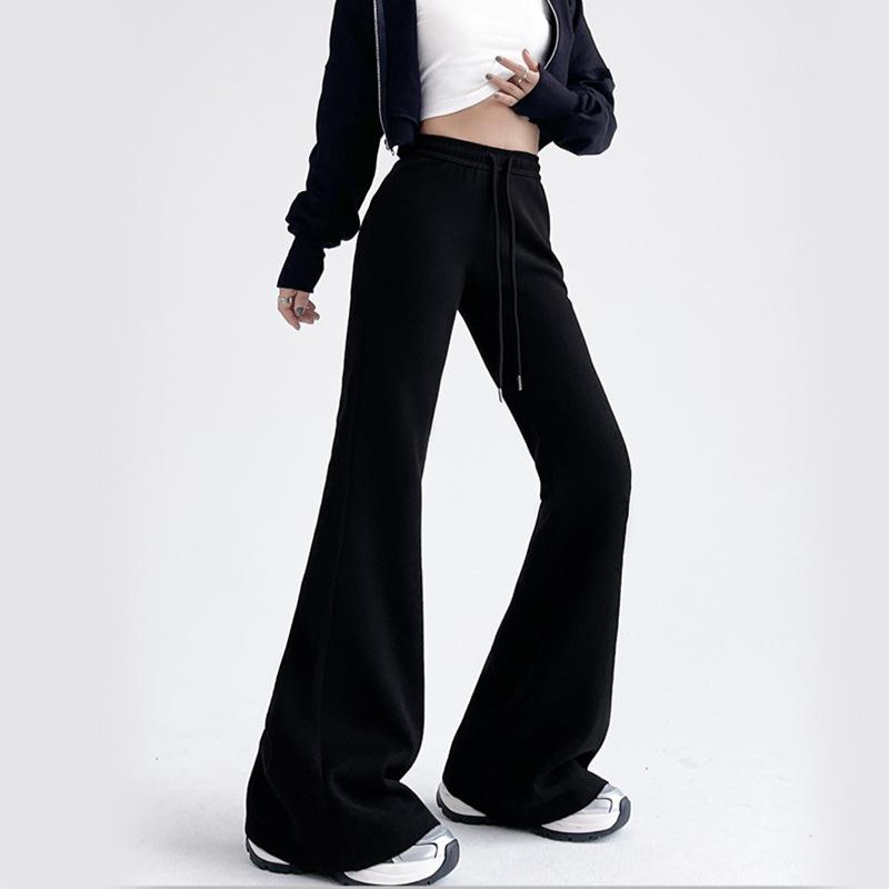 Женские облегающие однотонные повседневные брюки-клеш со шнуровкой и высокой талией M чёрный