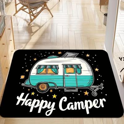 Happy Campers Rohožka Kempingové téma Skvrnu odolný flanelový koberec do obývacího pokoje, ložnice, kuchyně, kanceláře, rekreačního domu