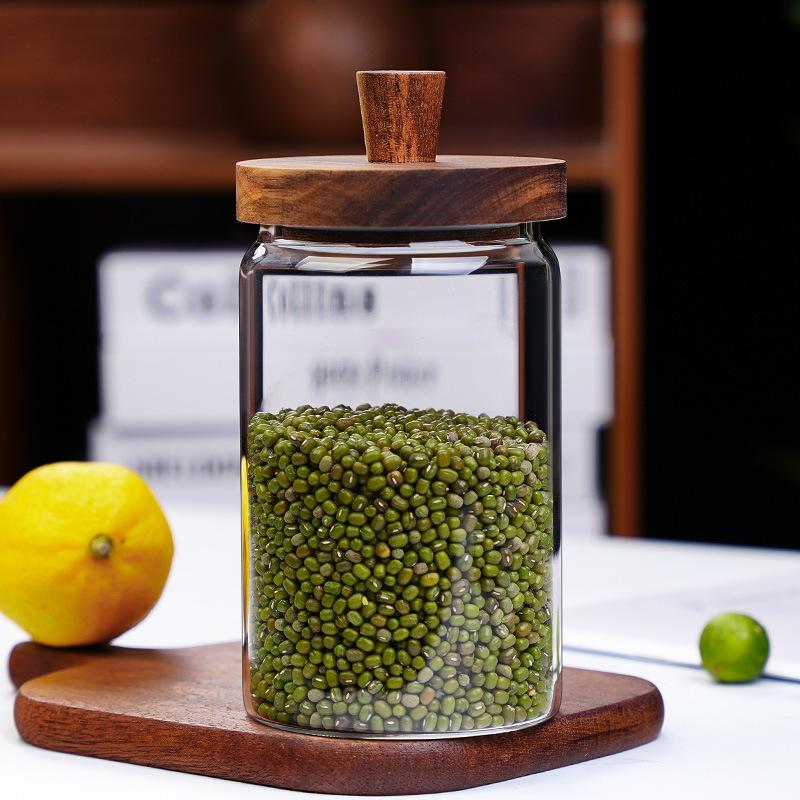 New household thickened honey storage tank with stirring stick Acacia wood cover transparent glass food sealed jar