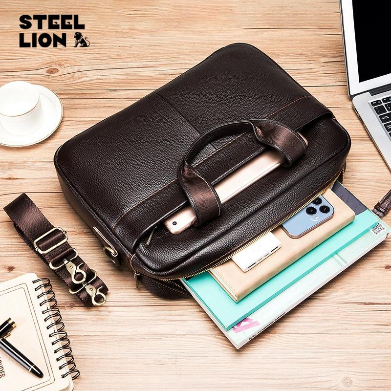 Top-Grain Leather Men's Business Briefcase - Slim 14-Inch Laptop Bag with Document Organizer, Durable Handheld for Office & Travel