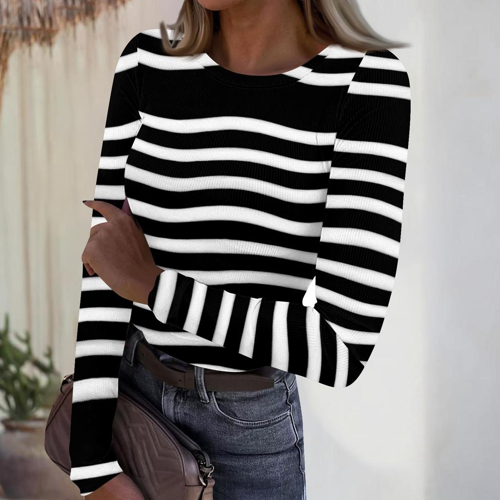 Women's Casual Fashion Round Neck Striped Print Long Sleeve Ribbed Top