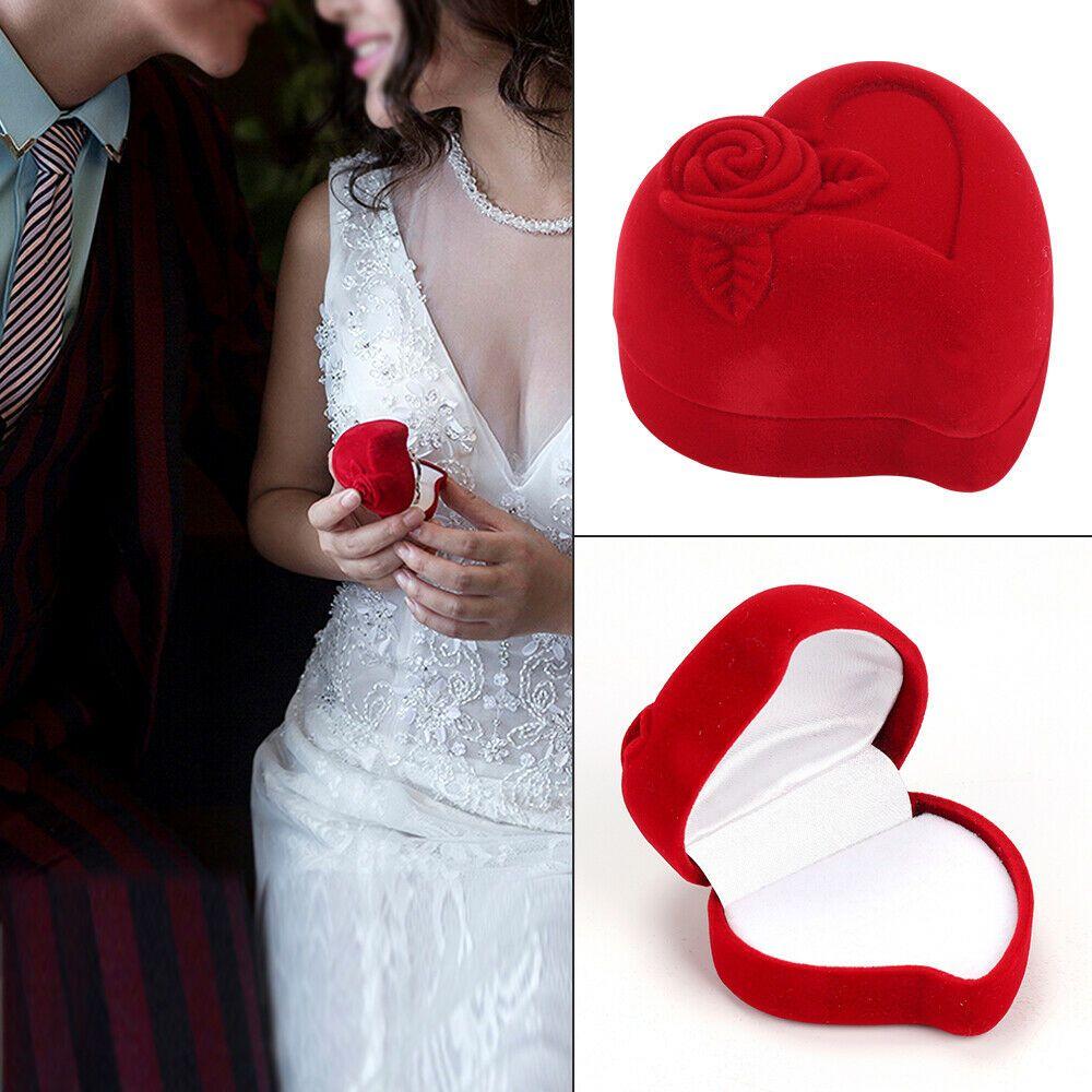 Wedding Heart Shape Velvet Jewelry Box Ring Display Box Red Rose Double Ring Storage Box