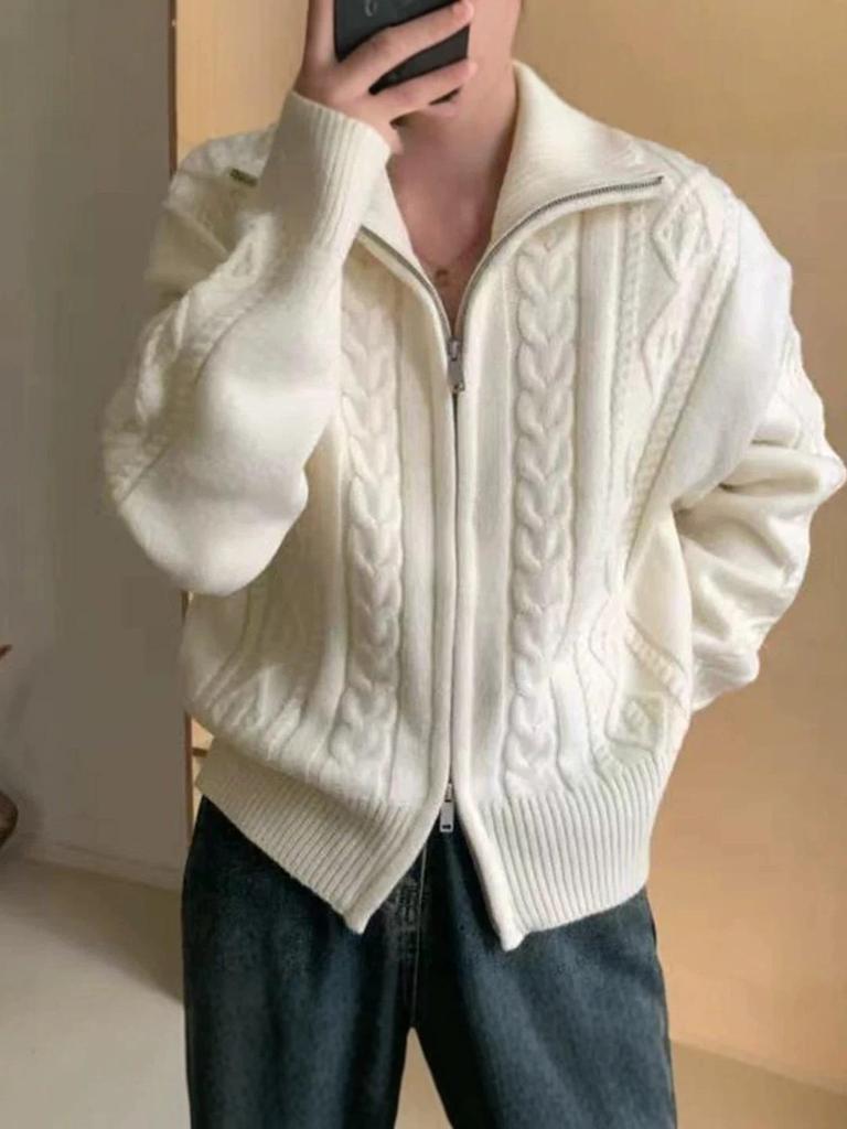 Women's High-neck Loose Knit Cardigan Sweater with Double Zipper – Three-Strand Thickened for Autumn & Winter