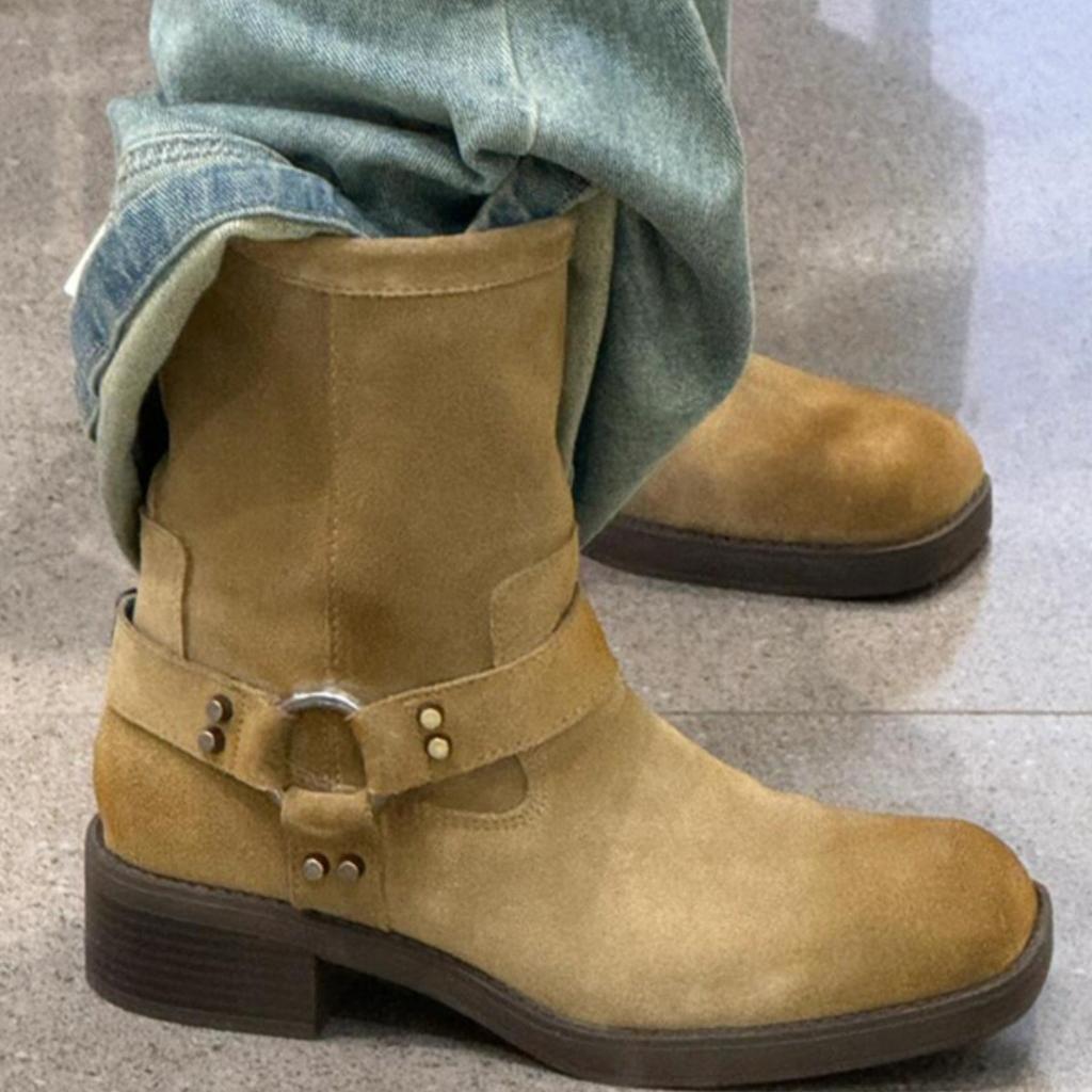 Vintage Maillard Belt Buckle Medium Boots Western Cowboy Boots Martin Boots Women's Autumn and Winter Thick Heel Square Head Short Boots