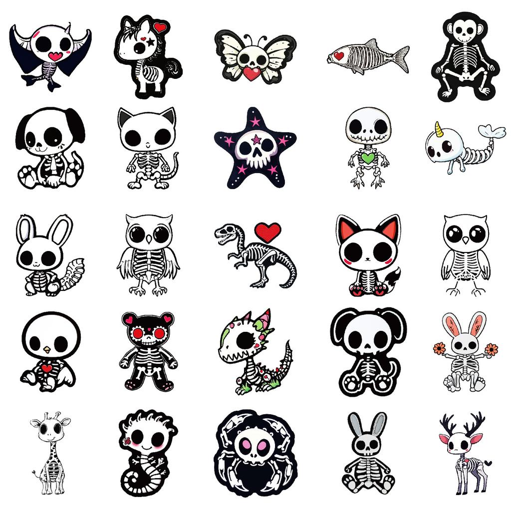 50PCS Cartoon Skeleton Animal Stickers, Cute Skull Decals for Notebook Journal DIY, Waterproof Decoration